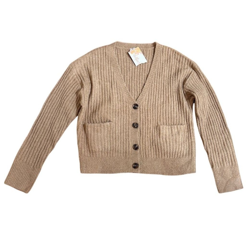 WRV Dollfins Womens Beige V-Neck Cardigan Sweater S coconut girl beach Lagenlook